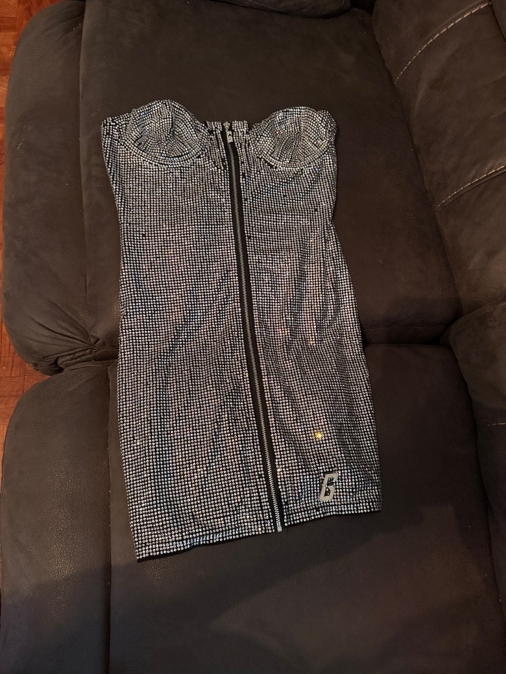 Silver Sequin Strapless Mini Dress with Front Zip